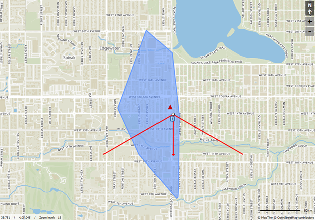 Cell site used for the timing advance in question, with cell view; homicide scene is red triangle